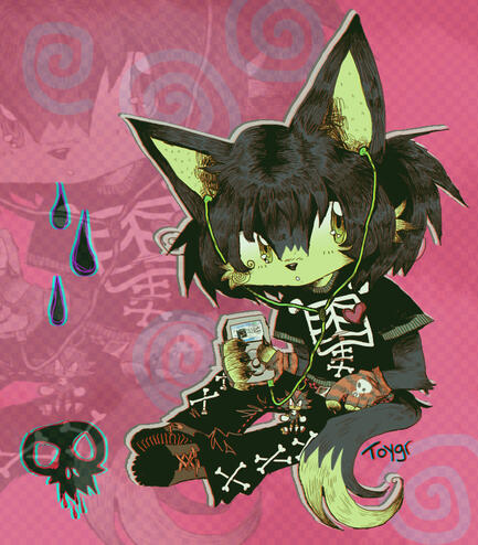 My friends fursona CC, they're a black and white cat. They're sitting down listening to their Ipod wearing a t-shirt that has a ribcage on it and red and dark grey striped gloves with a skull on them and fingerless, baggy pants with bones shaped as x's and