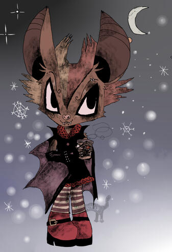 My original character Midnight who is a bad standing in the snow with a coffee, he is wearing a black coat with red leopard prints, dark red and white tights and their usual red boots